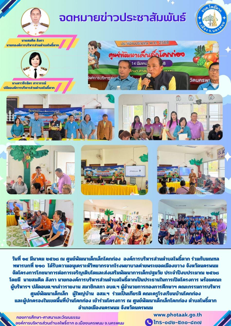 วันที่ ๑๔ มีนาคม ๒๕๖๘ ณ ศูนย์พัฒนาเด็กเล็กโคกก่อง  องค์การบริหารส่วนตำบลโพธิ์ตาก ร่วมกับมณฑลทหารบกที่ ๒๑๐  ได้รับความอนุเคราะห์วิทยากรจากโรงพยาบาลค่ายพระยอดเมืองขวาง จังหวัดนครพนม   จัดโครงการโภชนาการต่อการเจริญเติบโตและส่งเสริมพัฒนาการเด็กปฐมวัย ประจำปีงบประมาณ ๒๕๖๘ โดยมี  นายสมคิด ลังกา นายกองค์การบริหารส่วนตำบลโพธิ์ตากเป็นประธานในการเปิดโครงการ พร้อมคณะผู้บริหารฯ ปลัดอบต.ฯกล่าวรายงาน สมาชิกสภา อบต.ฯ ผู้อำนวยการกองการศึกษาฯ คณะกรรมการบริหารศูนย์พัฒนาเด็กเล็ก   ผู้ใหญ่บ้านและอสม.ฯ  ร่วมเป็นเกียรติ คณะครูโรงเรียนบ้านโคกก่อง  และผู้ปกครองในเขตพื้นที่บ้านโคกก่อง เข้าร่วมโครงการ ณ ศูนย์พัฒนาเด็กเล็กโคกก่อง ตำบลโพธิ์ตาก   อำเภอเมืองนครพนม จังหวัดนครพนม